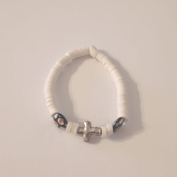 647 White Heishi Beaded Stretch with Black Colorful Beads and Silver Cross - Picture 3 of 4